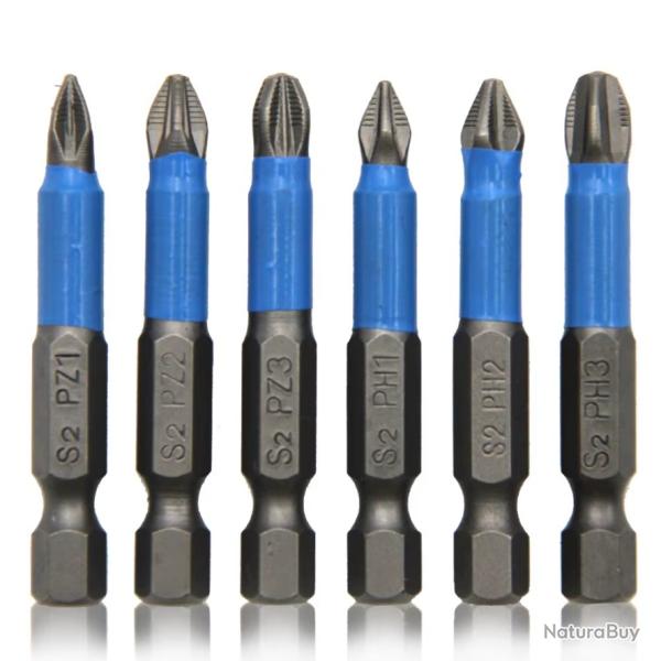 Jeu de 6 Embouts de Vissage Magn�tiques PH/PZ en Acier S2 - Queue Hexagonale 1/4"