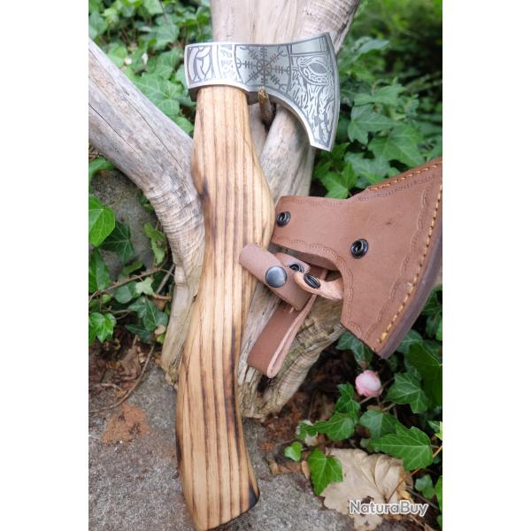 Hache de Viking Ragnar Lothbrok Lame Acier Carbone 1055 Manche Bois Etui Cuir Artisanale 001