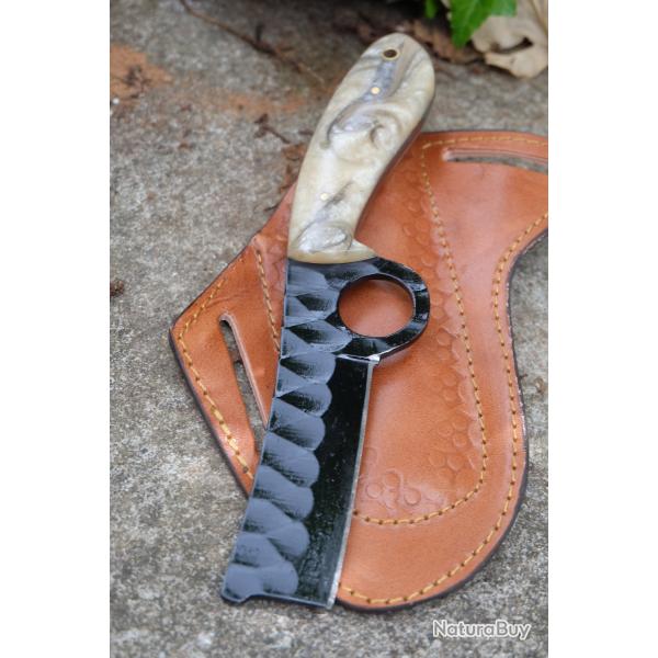 Couteau Skinner Lame Rasoir Acier Carbone 1055 Black Manche R�sine Beau Etui Cuir Fabric Artisanale