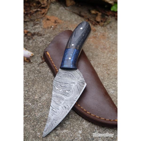 Couteau Skinner Lame Acier Damas 256 Couches Manche 2 Bois Etui Cuir Fab Artisanale