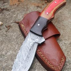Couteau Skinner Lame Acier Damas 256 Couches Manche 2 Bois Etui Cuir Port Horizontal Fab Artisanale