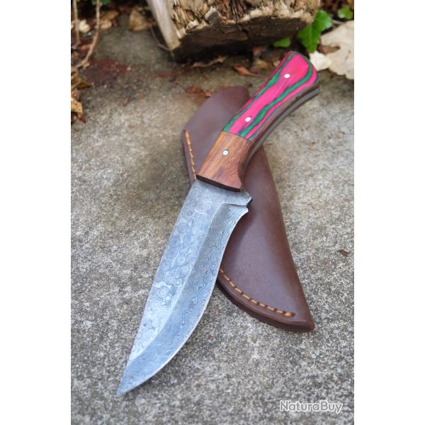 Bowie Couteau de Chasse Lame Damas 256 Couches Manche 2 Bois Fabric Artisanale Etui Cuir