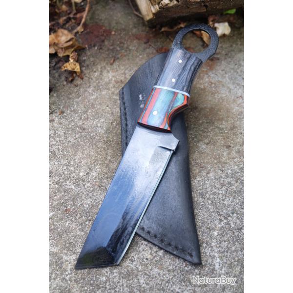 Couteau Karambit Tactical Urbain Lame Tanto Acier Carbone 1055 Black Manche Bois Etui F Artisanale