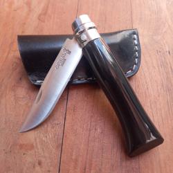 Joli Couteau OPINEL N8 Inox Manche en Corne de Buffle avec &Eacute;tui en cuir