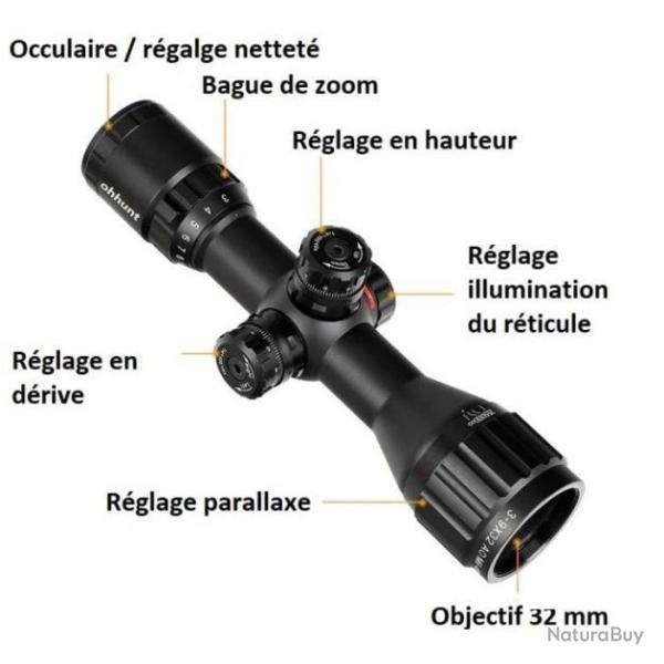 Lunette de tir 3-9x32 AOCE r�ticule lumineux Mil Dot compatible cal. 12 GA /.308/.338 colliers 11 ou