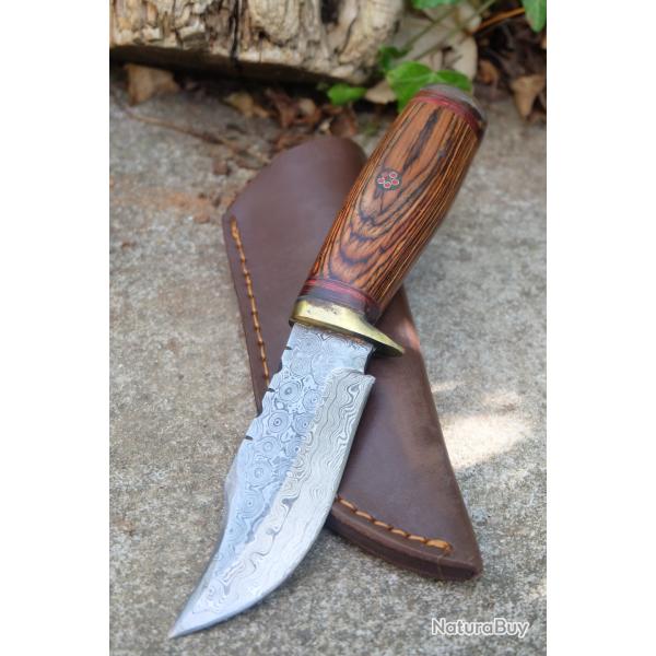 Skinner Couteau Damas Lame 256 Couches Lame Drop Point Manche Bois Fabr Artisanale Etui Cuir