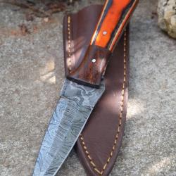 Couteau Dague Damas Lame 256 Couches Manche Bois Arlequin Etui Cuir Fabrication Artisanale