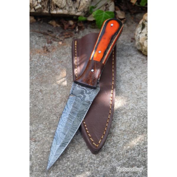 Couteau Dague Damas Lame 256 Couches Manche Bois Arlequin Etui Cuir Fabrication Artisanale