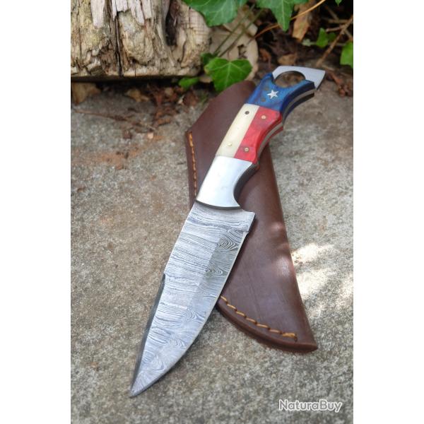 Couteau Karambit Damas Lame Drop Point Acier 256 Couches Manche Bois/OS Etui Cuir Fabric Artisanale