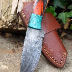 Couteau Skinner Lame Acier Damas 256 Couches Manche Bois/Abs Etui Cuir Port Horizontal Fab Artisan