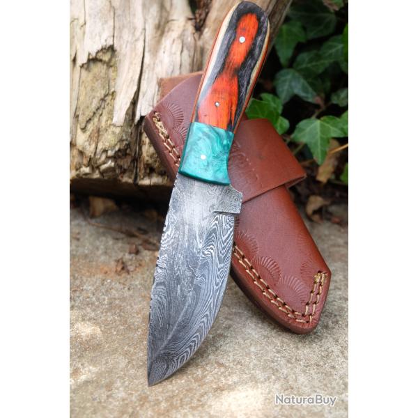 Couteau Skinner Lame Acier Damas 256 Couches Manche Bois/Abs Etui Cuir Port Horizontal Fab Artisan