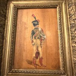 Rare peinture &agrave; l'huile sur panneau bois d'un hussard fran&ccedil;ais du 1er empire