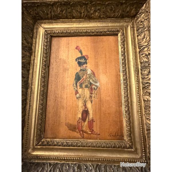 Rare peinture � l'huile sur panneau bois d'un hussard fran�ais du 1er empire