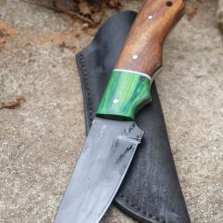 Couteau de Chasse Skinner Lame Drop Point Acier Carbone 1055 Blk Manche Bois Etui Fabri Artisanale