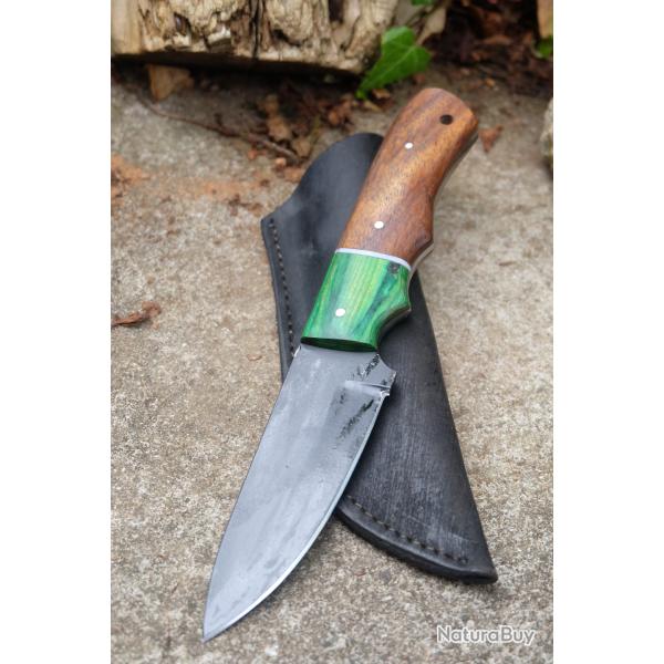 Couteau de Chasse Skinner Lame Drop Point Acier Carbone 1055 Blk Manche Bois Etui Fabri Artisanale