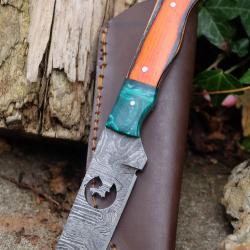 Couteau Tanto Lame Acier Damas 256 Couches Silhouette Loup Manche Bois Etui Cuir Fabric Artisanale