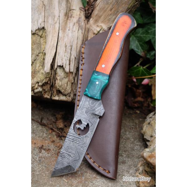 Couteau Tanto Lame Acier Damas 256 Couches Silhouette Loup Manche Bois Etui Cuir Fabric Artisanale