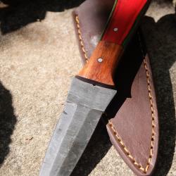 Couteau Dague Damas Lame 256 Couches Manche Bois Rubis Etui Cuir Fabrication Artisanale
