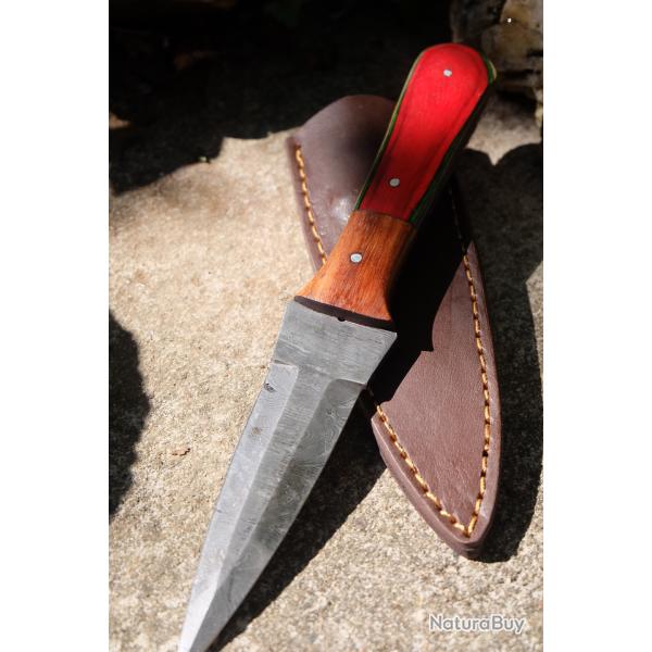 Couteau Dague Damas Lame 256 Couches Manche Bois Rubis Etui Cuir Fabrication Artisanale