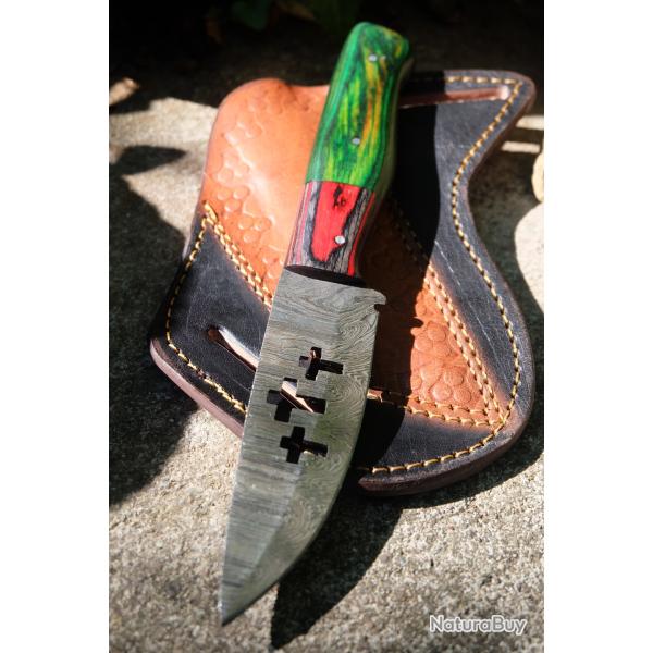 Couteau Drop Point Damas Lame 256 Couches Dessin RIP Manche Bois Bel Etui Cuir Fabric Artisanale