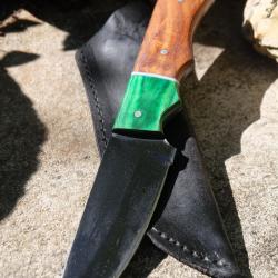Couteau de Chasse Skinner Lame Drop Point Acier Carbone 1055 Blk Manche 2 Bois Etui Cuir F Artisan