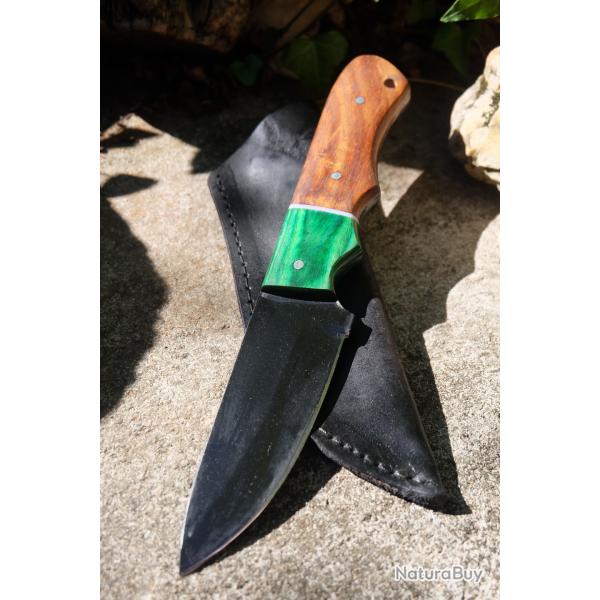 Couteau de Chasse Skinner Lame Drop Point Acier Carbone 1055 Blk Manche 2 Bois Etui Cuir F Artisan