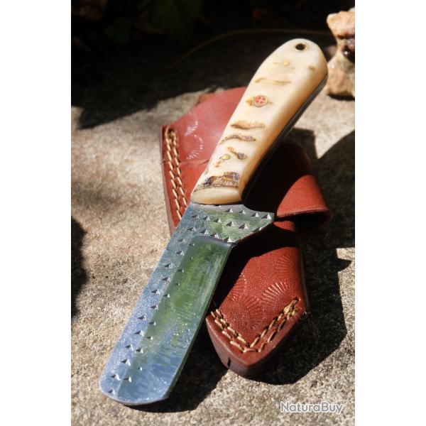 Couteau Skinner Lame Rasoir Acier Carbone Scie Bois Manche B�lier Beau Etui Cuir Horizon Artisanale