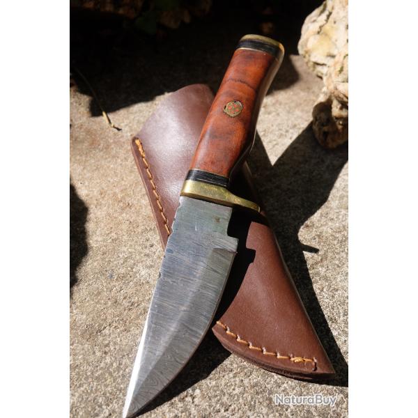 Skinner Couteau Damas Lame 256 Couches Lame Drop Point Manche Bois Fabr Artisanale Etui Cuir