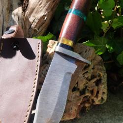 Beau Couteau Bowie Damas Lame & Garde Acier 256 Couches Manche Bois Etui Cuir Fabric Artisanale