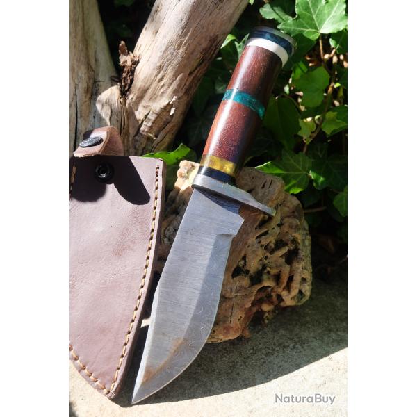Beau Couteau Bowie Damas Lame & Garde Acier 256 Couches Manche Bois Etui Cuir Fabric Artisanale