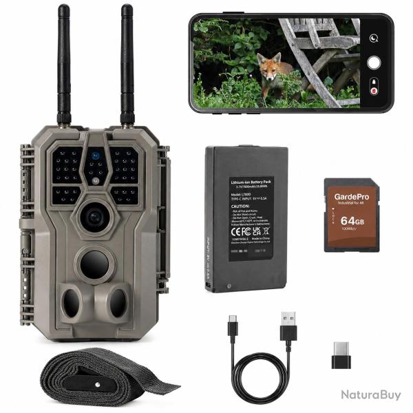 Cam�ra de Chasse WiFi E8 2.0 Pro 64MP 4K Batterie Rechargeable 7800mAh Carte SD 64 Go Incluse