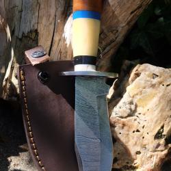 Beau Couteau Bowie Damas Lame Acier 256 Couches Manche Bois/OS Etui Cuir Fabrication Artisanale
