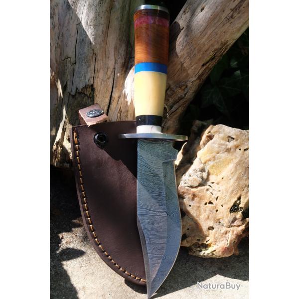 Beau Couteau Bowie Damas Lame Acier 256 Couches Manche Bois/OS Etui Cuir Fabrication Artisanale