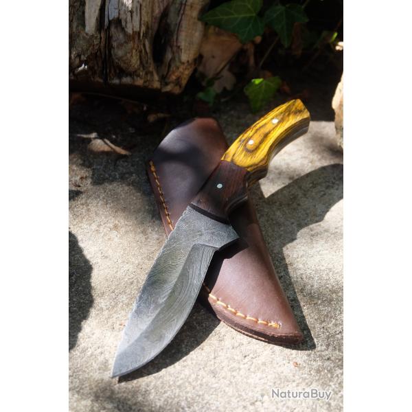 Couteau Skinner Lame Drop Point Acier Damas 256 Couches Manche 2 Bois Etui Cuir Fab Artisanale