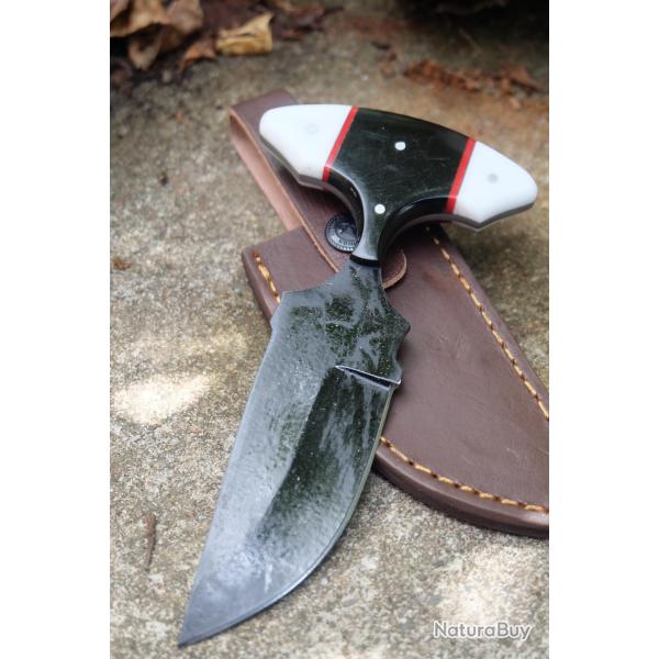 Couteau Push Dagger Lame Acier Carbone 1055 Black Manche R�sine Etui CUir Fabric Artisanale 01