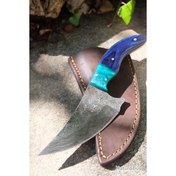 Couteau Skinner Damas Lame Upswept Acier 256 Couches Manche Bois&R�sine Etui Cuir Fabric Artisanale