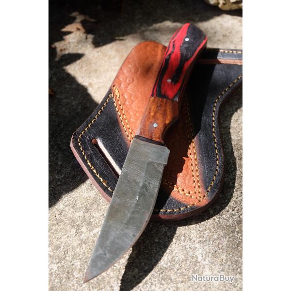 Couteau Damas Lame Trailing Point Acier 256 Couches Manche Bois Beau Etui Cuir Fab Artisanale