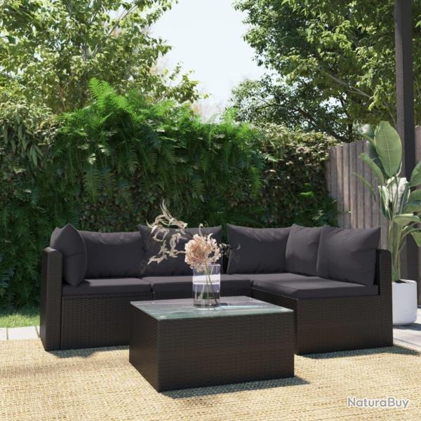 Salon de jardin 5 pcs avec coussins R�sine tress�e Noir