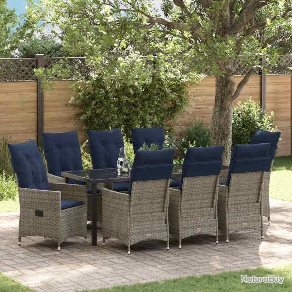 Ensemble table et chaises avec coussin 9 pcs Gris Rotin PE