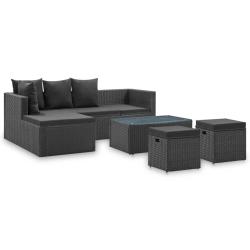 Salon de 4 pcs Noir avec coussins R&eacute;sine tress&eacute;e