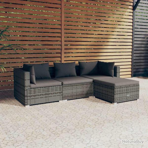 Salon de 4 pcs avec coussins R�sine tress�e Gris