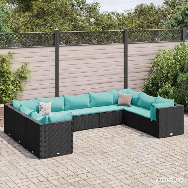 Salon de 9 pcs avec coussins Noir R�sine tress�e
