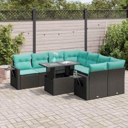 Salon de jardin avec coussins, 9 pi&egrave;ces, r&eacute;sine tress&eacute;e, acacia, noir
