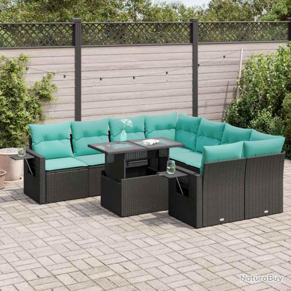 Salon de jardin avec coussins, 9 pi�ces, r�sine tress�e, acacia, noir