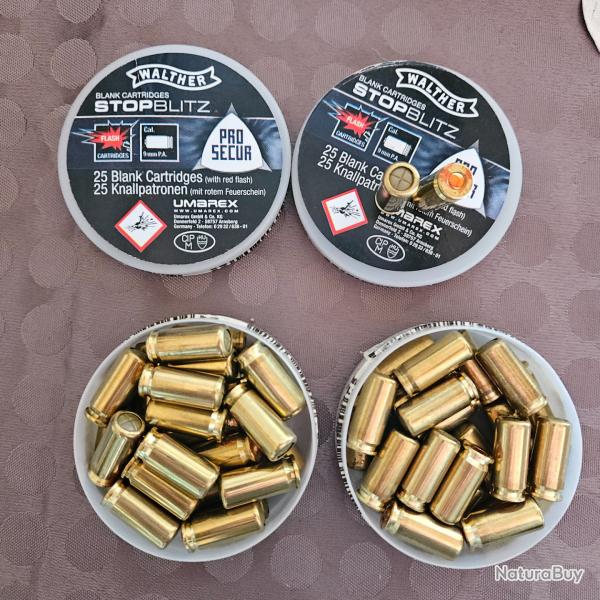LOT MUNITION BLANC WALTHER STOP BLITZ FLASH CAL. 9 MM PAK 50
