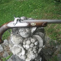 pistolet de tir de stand, Napol&eacute;on III, &eacute;tat de tir, cal 44, d&eacute;tente stecher, canon ray&eacute; en cheveux
