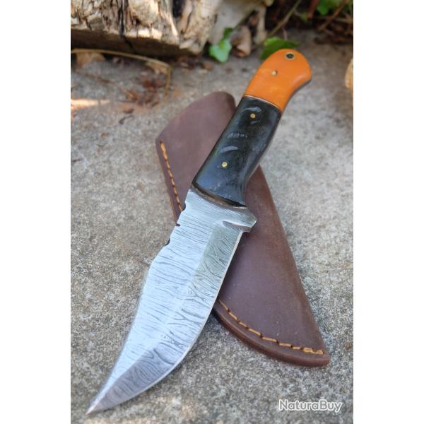 Couteau Skinner Lame Acier Damas 256 Couches Manche Corne & R�sine Etui Cuir Fab Artisanale