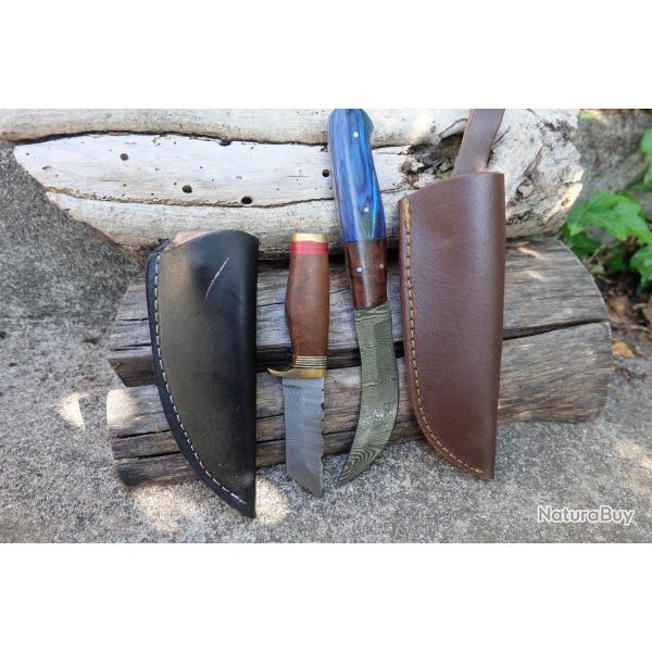Lot de 2 Couteaux : Skinner+ Scimitar Lame Acier Damas 256 Couches Manche Bois Etui Cuir Artisanat