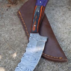 Couteau Skinner Scimitar Lame Acier Damas 256 Couches Manche 2 Bois Etui Cuir Fabric Artisanale