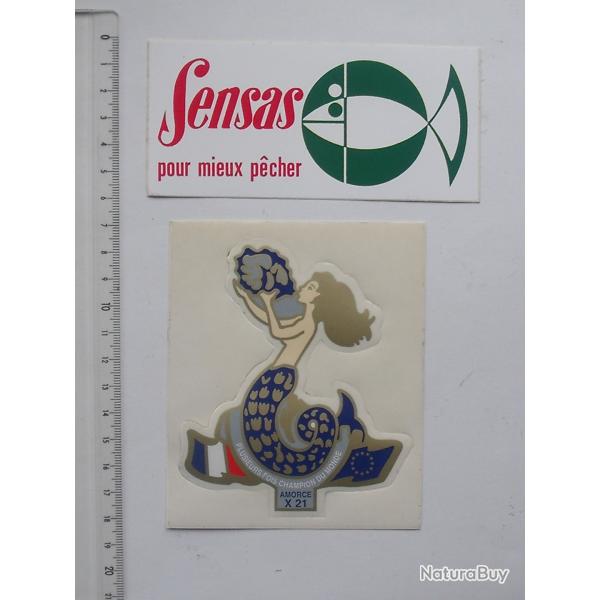 LOT 2 AUTOCOLLANT PECHE ancien: SENSAS "pour mieux p�cher" + AMORCE X21 Champion du monde SIRENE